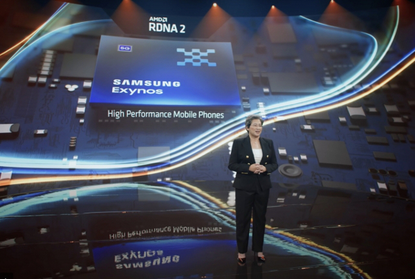 리사 수 AMD 최고경영자가 ‘컴퓨덱스 2021’에서 삼성전자 엑시노스와 협업을 발표하고 있다. 내년에 출시하는 갤럭시 스마트폰과 노트북에 적용될 가능성이 있다. AMD 제공