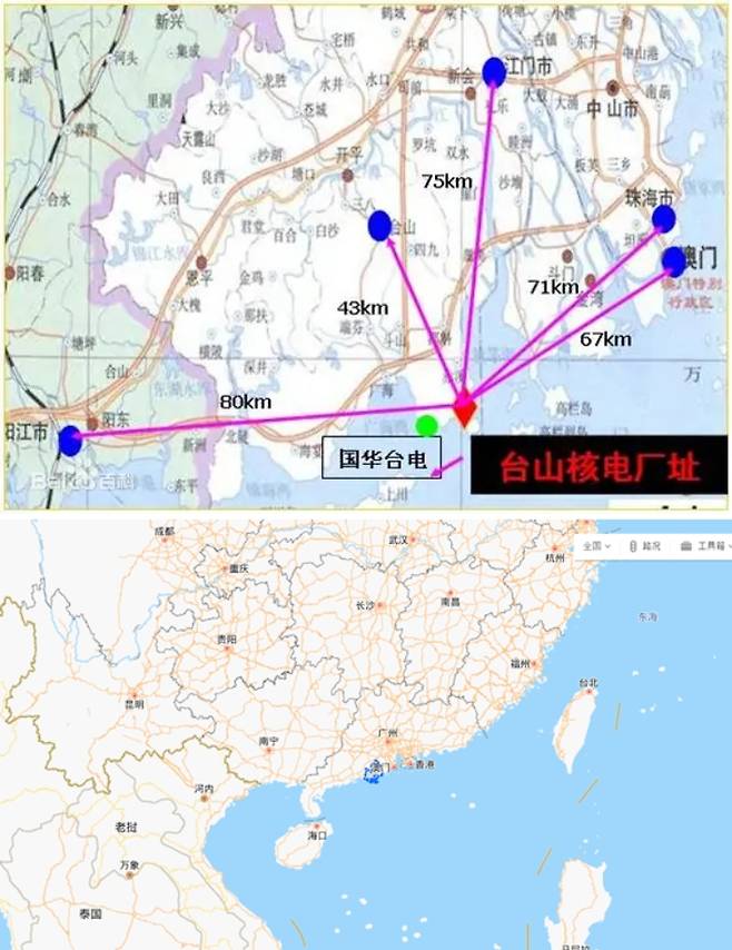 지도상 파란색 표시 부분이 타이산 원전 위치. 바이두 홈페이지 캡처