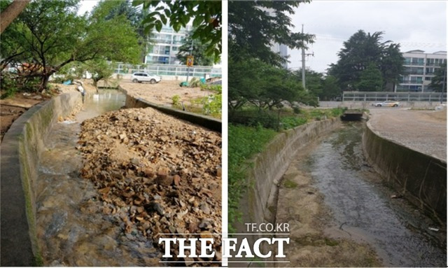 산에서 내려오는 빗물길 정비 전과 후의 모습 / 대전=최영규 기자