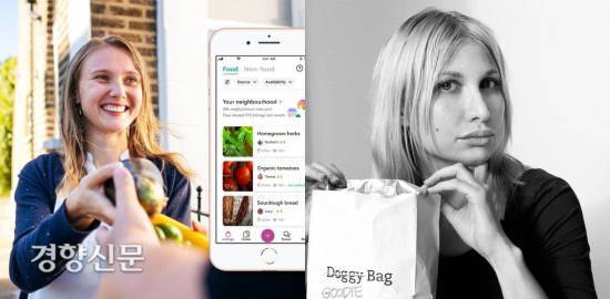 해외에서도 최근 지속가능한 식탁을 위한 시도들이 활발하게 일어나고 있다. 영국의 Olio앱은 남은 음식의 사진을 찍고 픽업장소를 정해 편하게 나눠먹을 수 있도록한 앱(왼쪽)이다. 덴마크에선 외식 후 남은 음식을 편하게 싸갈 수 있도록 ‘Goodie Bag’을 만들어 식당에 공급하기도 했다(오른쪽).