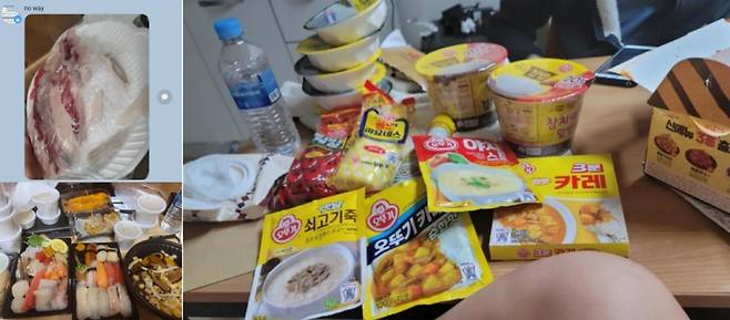 엎어져 와서 환불한 것으로 추정되는 회(왼쪽 위), 핑계를 대고 환불한 것으로 추정되는 초밥 요리(왼쪽 아래), 오뚜기 측에 항의해서 받아낸 것으로 알려진 식품들./사진=온라인 커뮤니티
