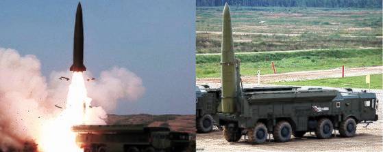 북한 단거리 탄도미사일(왼쪽)과 러시아 이스칸데르 이동식 단거리 탄도미사일 외형은 매우 비슷하다. 중앙포토