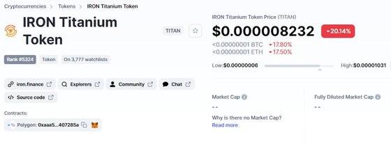 18일 오후 코인마켓캡에 표시된 암호화폐 아이언 티타늄 토큰(타이탄)의 가격. 0달러 대를 기록하고 있다.[코인마켓캡 캡처]