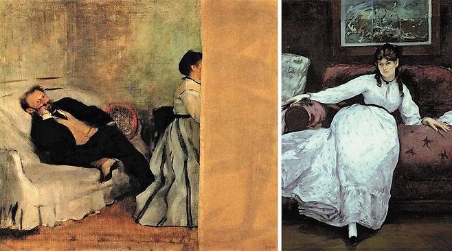 왼쪽 사진은‘꼼꼼한 모범생’이었던 드가가 1868~1869년 그린 마네 부부 초상. 마네는 이 그림의 오른쪽 부분을 칼로 잘라버렸고 이후 드가가 빈 캔버스를 덧붙였다. 오른쪽 사진은 위트 있는 필치가 특색인 마네의 1870~1871년작‘휴식’. /앵글북스