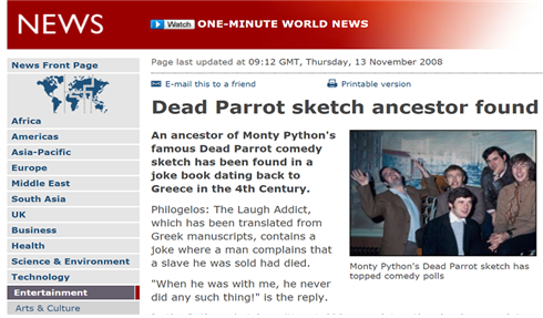 ▲'죽은 앵무새' 농담의 원형이 고대 그리스의 농담집 <필로겔로스>에 있음을 알린 BBC 보도. ⓒBBC