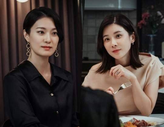 tvN 드라마 '마인'은 한 회장의 둘째 지용의 아들인 하준의 친모 강자경 또는 이혜진(옥자현, 사진 왼쪽)이 하준의 튜터로 들어오면서 시작한다. 혜진이 하준의 친모라는 걸 희수(이보영, 사진 오른쪽)가 알게 되면서 극은 뜻밖의 방향으로 전개된다. tvN 제공