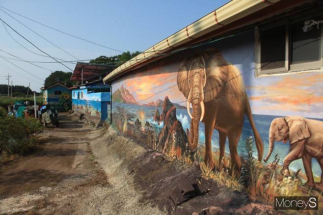 조선시대 사람을 죽여 이곳 장도로 유배를 왔다는 코끼리를 벽화로 그렸다./홍기철기자