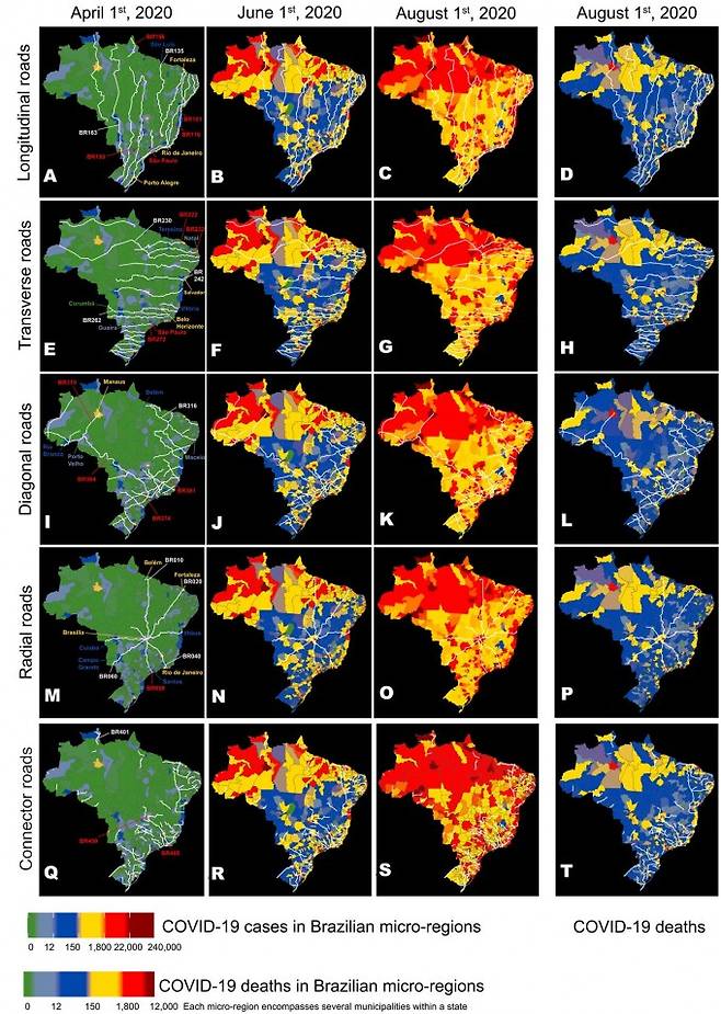 지난해 4월 1일, 6월 1일, 8월 1일(왼쪽부터 순서대로) 브라질에서 고속도로를 통한 인구의 이동을 조사한 지도. 시간이 지날수록 신종 코로나바이러스 감염증(코로나19) 확진자와 사망자가 급증하는 양상이 확연히 보인다. 사이언티픽 리포트 제공