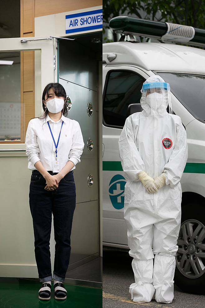 코로나19 유행 이후 보건소 직원들은 1인N역을 맡고 있다.강민아 주무관의 공식적인 업무는 결핵관리이지만 비상근무조 순서에 따라 확진자 이송용 구급차를 타기도 한다. 확진자 이송 시에는 레벨 D 방호복을 입는다. ⓒ시사IN 이명익