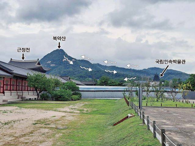 풍수 전문가들은 경복궁의 위치와 구조도 풍수 이론에 입각해 설명한다. 사진은 경복궁 주변의 산 지형을 설명한 경복궁의 용세./조남선 교수