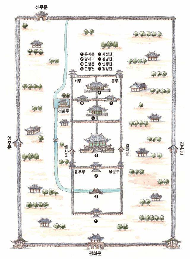 '태조실록' 중 태조 4년 1395년 9월 29일의 기록을 참고해 그린 조선 전기(태조~세종)의 경복궁 추정도. 풍수 전문가들은 경복궁 건설 때 풍수 상의 약점을 보완하기 위해 여러가지 보완 방안이 함께 만들어졌다고 설명한다.
