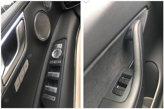 현대차 GV80 운전석 문(왼쪽)과 테슬라 모델Y 운전석 문(오른쪽)에 붙은 버튼