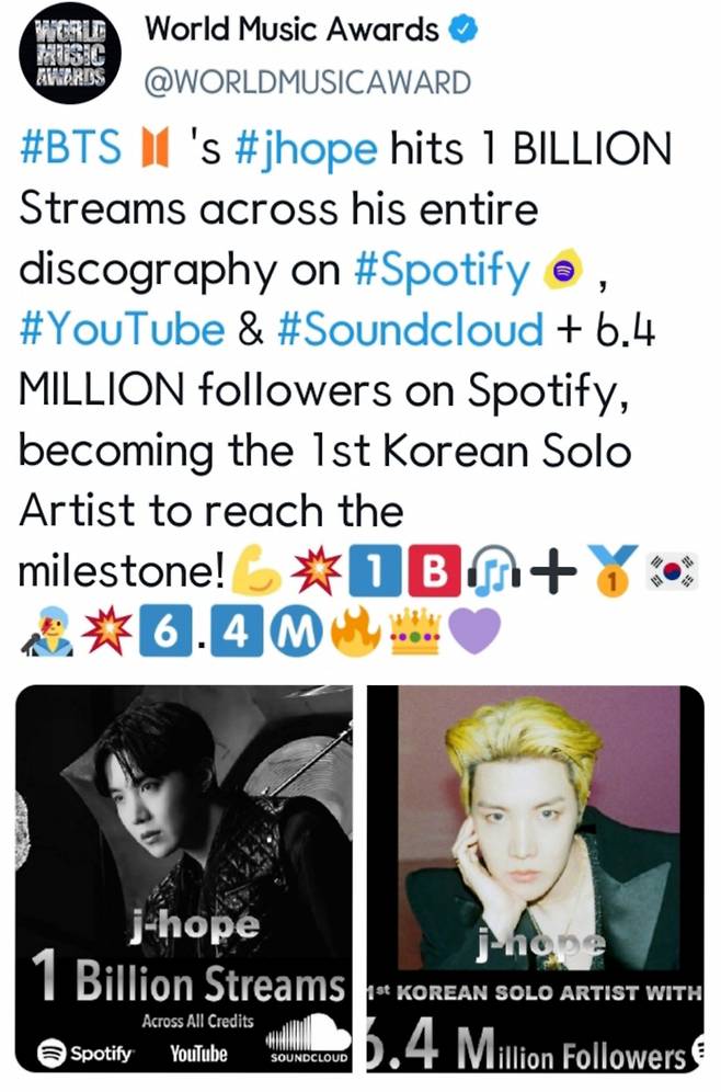 '1 BILLION' 방탄소년단 제이홉 솔로곡들, 글로벌 음악 플랫폼 합계 10억 스트리밍 돌파..경이로운 제이홉 월드