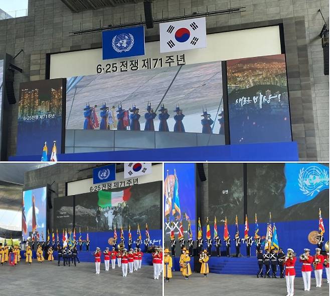 25일 부산 해운대구 영화의전당에서 열린 6·25전쟁 제71주년 기념행사에 참석한 이준석 국민의힘 대표는 국군의장대 모습을 귀빈석에서 일어나 자신의 스마트폰으로 촬영,  SNS에 올렸다. (페이스북 갈무리) © 뉴스1