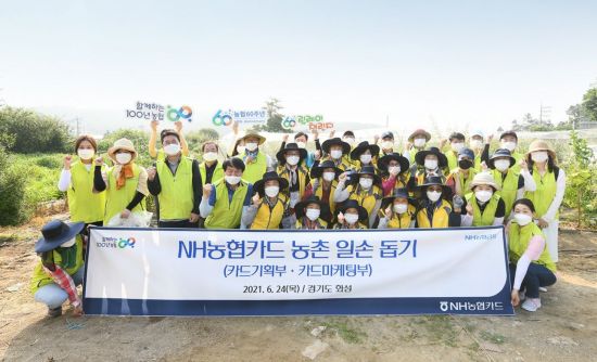 24일 NH농협카드 임직원들이 경기도 화성시 봉담마을 포도 재배농가를 방문해 농촌일손돕기 봉사활동을 펼쳤다.