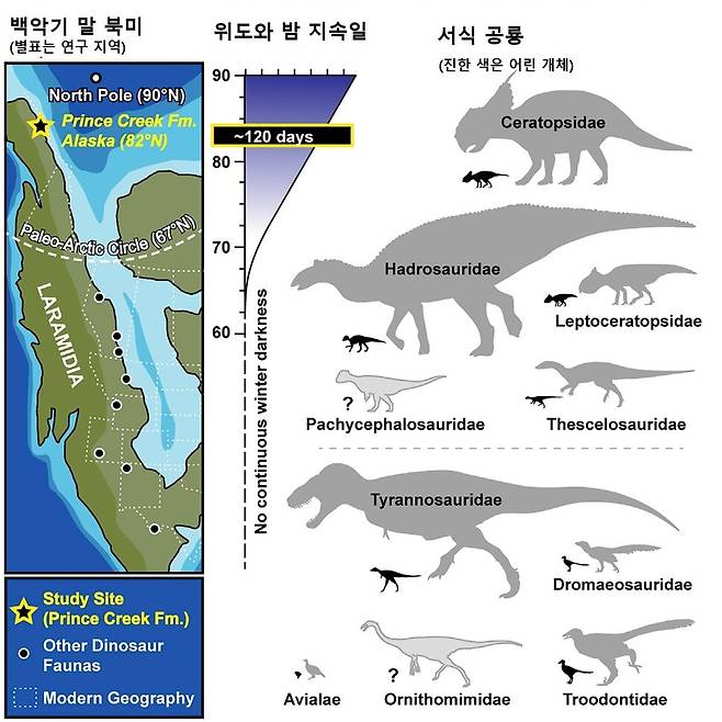 연구지역과 위도별 극야 일수, 화석이 발굴된 공룡. 패트릭 드러큰밀러 외 (2021) ‘커런트 바이올로지’ 제공.