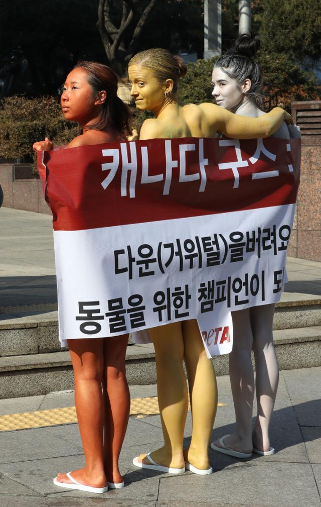 2018년 평창올림픽 개막을 앞둔 당시 국제동물권단체 페타(PETA) 회원들이 서울 중구 을지로 입구에서 금·은·동 메달을 상징하는 보디페인팅을 한 채 시위를 벌이고 있다. 연합뉴스
