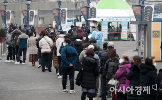 국내 신종 코로나바이러스 감염증(코로나19) '3차 대유행'의 확산세가 좀체 꺾이지 않는 가운데 23일 서울역 광장에 마련된 임시 선별검사소를 찾은 시민들이 길게 줄을 서서 순서를 기다리고 있다. 중앙방역대책본부는 이날 0시 기준으로 국내 신규 확진자가 1천92명 늘어 누적 5만2천550명이라고 밝혔다. 전날보다 223명 늘어나면서 지난 20일(1천97명) 이후 사흘 만에 다시 1천명대로 올라섰다./김현민 기자 kimhyun81@