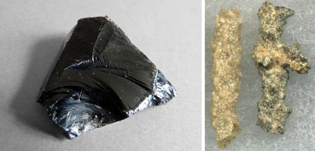 적어도 4,000만 년에 형성됐을 것으로 추정되는 자연적으로 형성된 흑요석 유리. 구석기 시대부터 사용된 흔적이 남아 있다. 오른쪽은 모래나 토양에 떨어진 벼락에 의해 형성되는 섬전암. 위키피디아