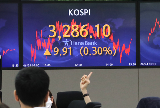 A screen in Hana Bank's trading room in central Seoul shows the Kospi closing at 3,286.10 points on Thursday, up 9.91 points, or 0.30 percent, from the previous trading day. [YONHAP]