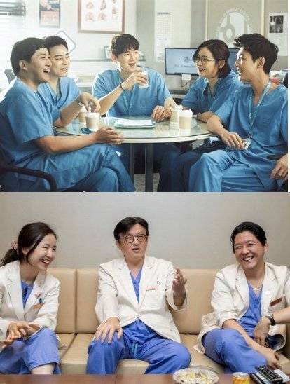 드라마 '슬기로운 의사생활' 속 주인공들(위)과 드라마를 자문한 오수영(산부인과), 양지혁(흉부외과), 이상훈(소아외과) 삼성서울병원 교수(아래).