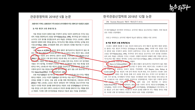 경기대 관광경영학회 편집위원장 경기대 최 모 교수가 자신이 관여한 두 학회 학술지에 게재한 논문. 동일한 내용을 출처 없이 쓰면서 괄호 안의 인용연도만 조금씩 바꾼 것으로 보인다.