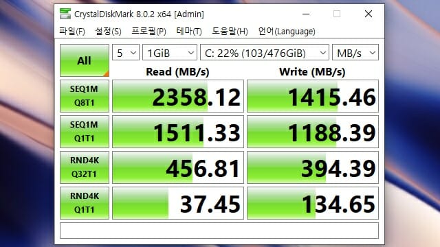 크리스탈디스크마크 8.0.2를 이용한 내장 SSD 성능 측정 결과.