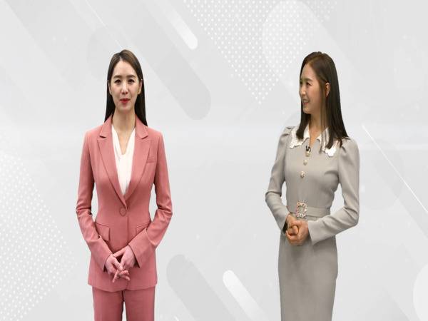 이지애 아나운서(오른쪽)가 자신의 모습을 학습한 AI 아나운서(왼쪽)을 바라보고 있다 [LG헬로비전 제공]