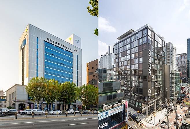 코람코자산신탁이 가치부가 블라인드펀드 1호로 투자 및 개발에 성공한 건물 전경. 사진 왼쪽이 케이스퀘어 사당, 오른쪽이 케이스퀘어 강남 Ⅰ. /사진제공=코람코자산신탁