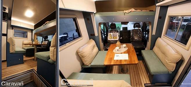 사진상의 캠핑카는 수직하강 침대가 마련되어 있어 별도의 변환 없이도 2~3인의 취침이 가능한 모델이다