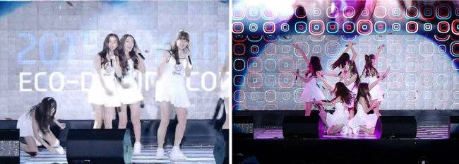 2015년 9월 강원 인제군 스피디움에서 공연을 하고 있는 걸그룹 ‘여자친구’ 멤버들. 비에 젖은 무대에서 계속 넘어지면서도 꿋꿋하게 공연을 마쳐 대중의 마음을 사로잡았다. [유튜브 유저 ‘smile –wA-’ 영상화면 캡처]