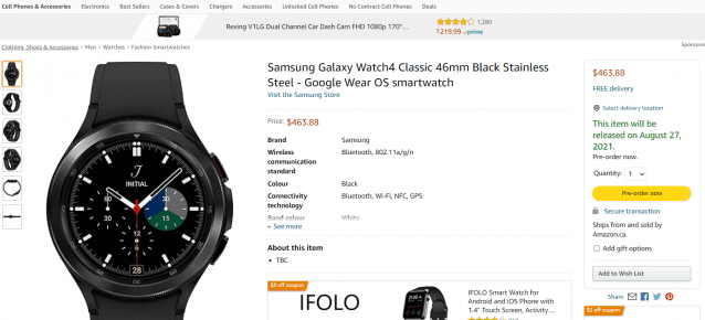 갤럭시워치4 클래식. (사진=아마존 캐나다 홈페이지)