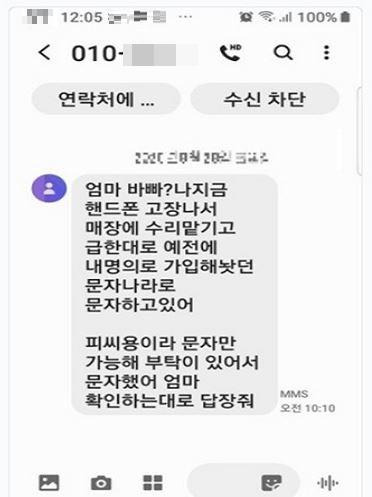 피해자에게 보낸 메신저피싱 문자 [인천경찰청 제공. 재판매 및 DB 금지]