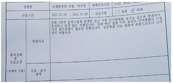 백신 부작용을 호소하던 A씨가 숨지기 전 H병원에서 진료받은 기록에는 '얀센 백신 접종 이후 보이는 인지변화로, 원인 감병이 필요한 상황'이라고 써있다. [사진 유족 제공]