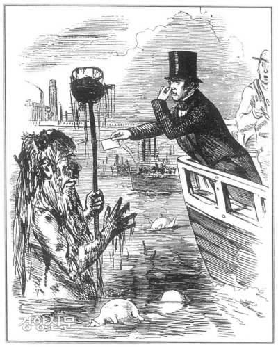 19세기 중반 영국 템스강의 오염을 고발한 풍자그림. 물의 신인 넵투누스가 왼손에 대변을 치우는 스시랑을 들고 온몸에 오물을 뒤집어 쓴채 강물 위로 솟아오르고 있다. |들녘 제공