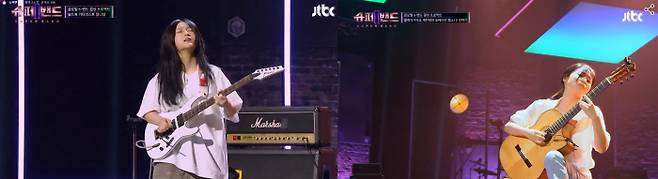 <슈퍼밴드2> 참가자들의 무대가 빛날수록 기타리스트의 꿈도 무르익는다. ‘록 스피릿’을 보여준 정나영(왼쪽 사진)과 클래식 기타의 진수를 선보인 장하은. JTBC <슈퍼밴드2> 화면 캡처