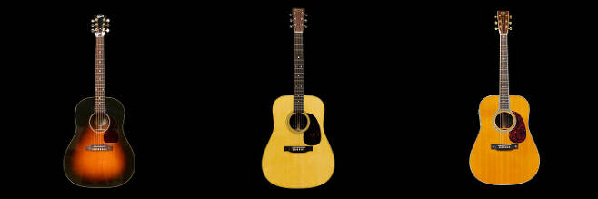 기타리스트라면 누구나 탐내는 하이엔드 기타가 아름다운 자태를 뽐낸다. ‘하이엔드 악기 렌털 서비스’를 통해 부담없이 빌려서 연주해 볼 수 있다. (왼쪽부터)깁슨J-45, 마틴D-28, 마틴D-42  | 협동조합 우리들의 낙원 제공