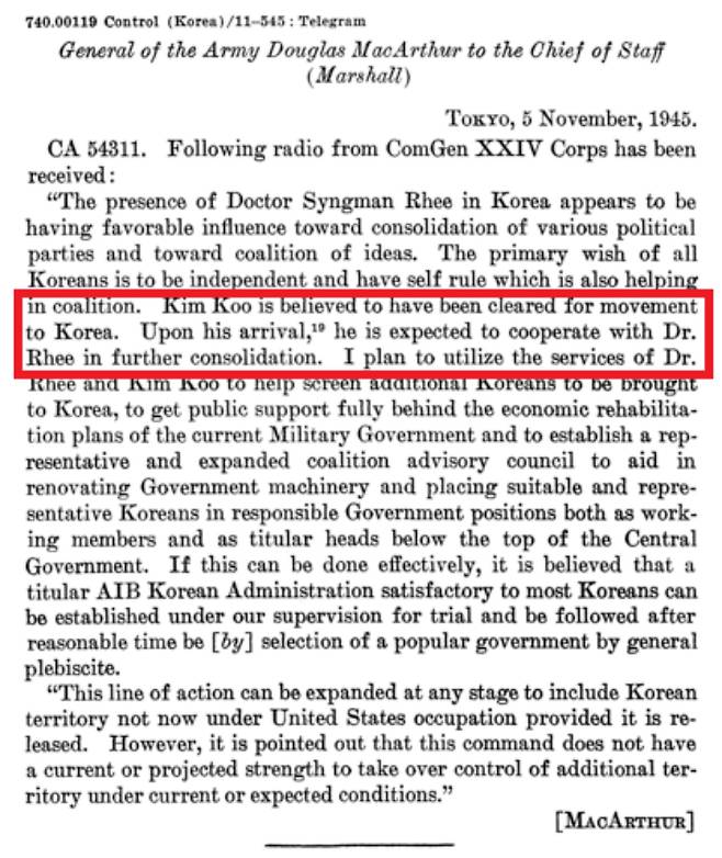 맥아더 총사령관이 45년 11월 5일 참모총장에게 보낸 기밀문서. "김구의 한국행이 허가됐다. 그가 도착하는 대로 그는 이승만 박사와 협력할 것으로 예상된다."(붉은상자) 출처: 미 국무부