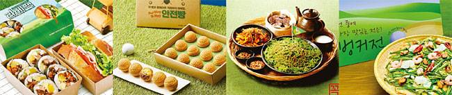 급식기업들이 클럽하우스 위탁 운영권 유치 경쟁에서 돋보이기 위해 만든 이색 메뉴들. 왼쪽부터 삼성웰스토리 ‘라베팩’·신세계푸드 ‘안전빵’·CJ프레시웨이 ‘온그린 한상세트’·아워홈 ‘벙커전’. 사진 각 사