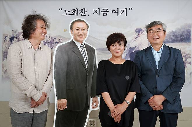 7월14일 영화 <노회찬 6411> 공동 제작자인 (왼쪽부터) 최낙용 시네마6411 대표, 심재명 명필름 대표, 김형탁 노회찬재단 사무총장이 만났다. ⓒ시사IN 조남진