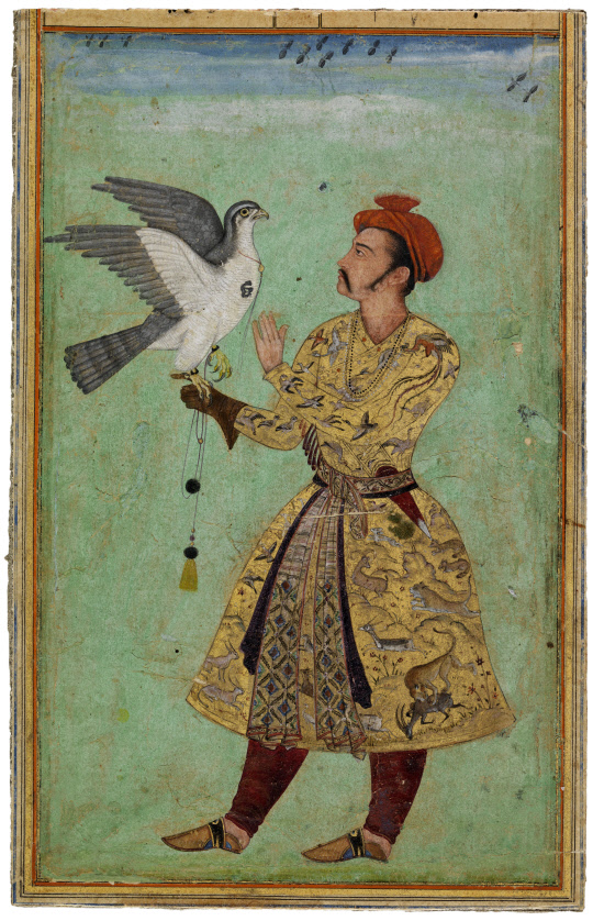 인도 무굴제국의 왕자와 그의 사냥매를 묘사한 세밀화. 어떤 이들은 이 인물이 악바르(Akbar) 대제라고 주장하기도 한다.