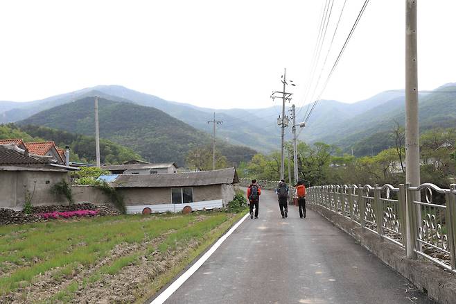 상월평마을회관 뒤쪽 월평교를 건너면 정면으로 펼쳐지는 묵장산의 산세. 왼쪽 높은 봉우리가 묵장산이다