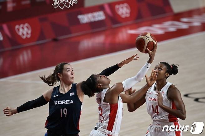 여자 농구팀 센터 박지수(왼쪽)가 캐나다 공격을 수비하고 있다.  © AFP=뉴스1