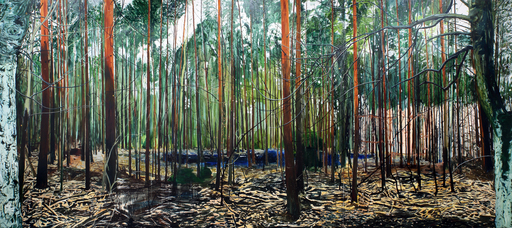 나무가 빽빽이 들어선 독일의 숲을 그린 작품. 가로 약 6m에 이르는 작품은 실제 숲을 마주한 느낌을 준다. ‘Postfenn 61’. 갤러리바톤 제공