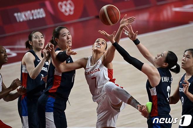 2020 도쿄 올림픽 농구 여자 조별리그 A조 캐나다와 경기에서 리바운드 다툼 중인 한국 선수들. © AFP=뉴스1