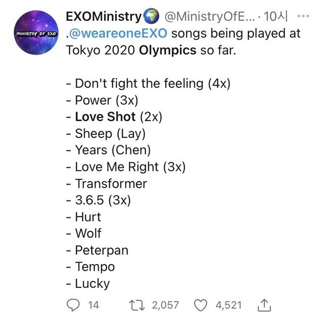 [서울=뉴시스] 도쿄올림픽에서 엑소 노래가 몇번 울려퍼졌는지를 집계하는 소셜 미디어 계정. 2021.08.02. (사진 = 트위터 캡처) photo@newsis.com