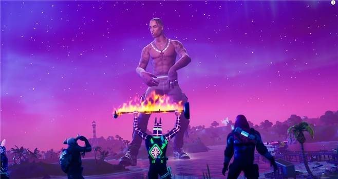 게임 상에서 실제 가수의 아바타와 가상 콘서트를 갖는 장면(포트나이트).