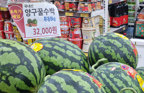 2일 서울 금천구의 한 마트에서 수박이 3만2000원에 판매되고 있다. 이한결 기자