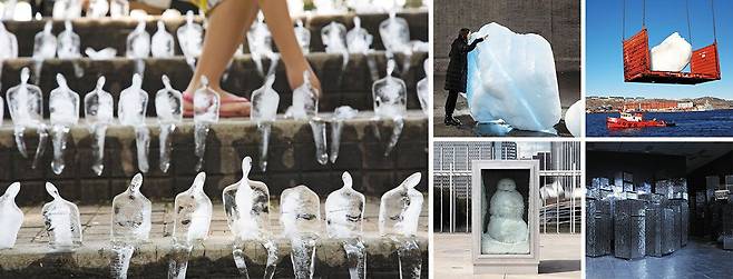 예술도 기후 위기에 주목하고 있다. 브라질 작가 넬레 아제베두가 수백~수천 개 얼음으로 만든 사람 조각‘최소의 기념비’의 페루 리마 거리 설치 모습〈왼쪽 큰 사진〉. 햇볕에 녹으며 사라지는 얼음 인간들은 베를린, 피렌체 등에서도 전시됐다. 덴마크 작가 올라푸르 엘리아손의‘아이스 워치’(오른쪽 위 첫째 사진)는 아이슬란드 바다에서 건져온 거대한 빙하 조각(오른쪽 위 둘째 사진)들을 유엔 기후정상회의가 열리는 런던 도심 테이트모던미술관에서 전시한 작품이다. 오른쪽 아래 사진은 피슐리와 바이스의‘눈사람’, 카더 아티아의‘스카이라인’. /ⓒneleazevedo, ⓒolafureliasson, 시카고 미술관, 카더 아티아 홈페이지