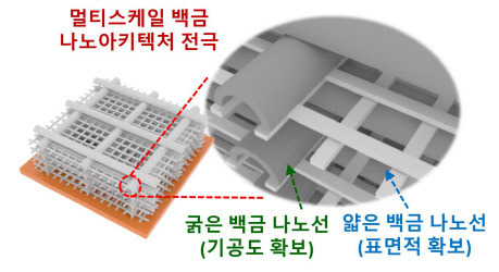 철골구조와 비슷한 형태의 멀티스케일 백금 나노 아키텍처 전극 모식도 <자료:KIST>